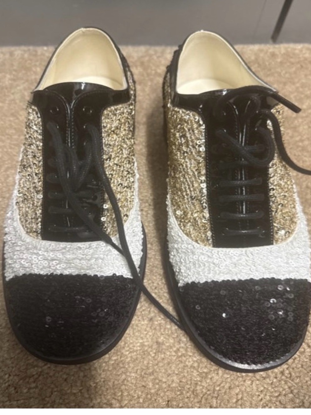 Chanel CC Sequined Colorblock Lace-Up Women's Sneakers in Black, White & Gold